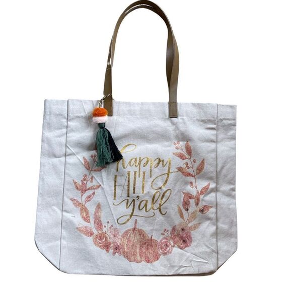 Eccolo World Traveler Canvas Happy Fall Y’All Pom Tote Leatherlike Straps NWOT - Picture 3 of 7